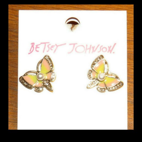 Betsey Johnson Butterfly Faux Pearl And CZ Earrings, NWT - Picture 6 of 9